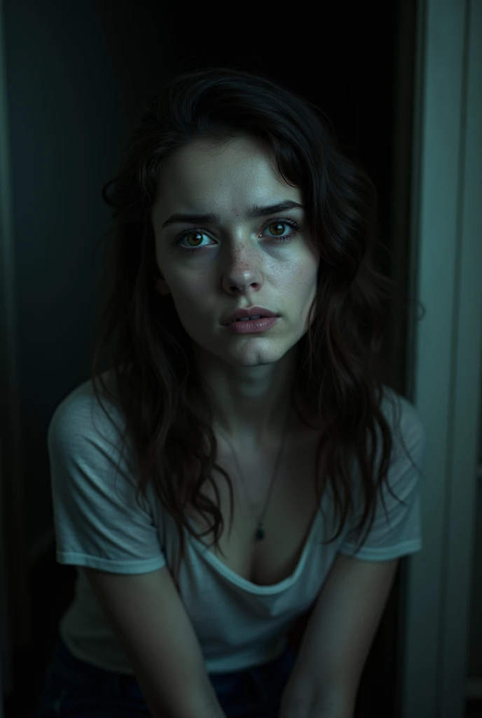 a girl with light brown skin, green eyes and curly brown hair drugged and beaten