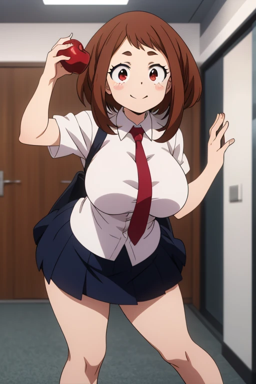 score_6_up, best quality, anime screencap, 1girl, ochako uraraka, skirt, white shirt, red tie, standing, school, big breasts, smile, from front, looking at viewer, thick legs, tongue out, lick, apple