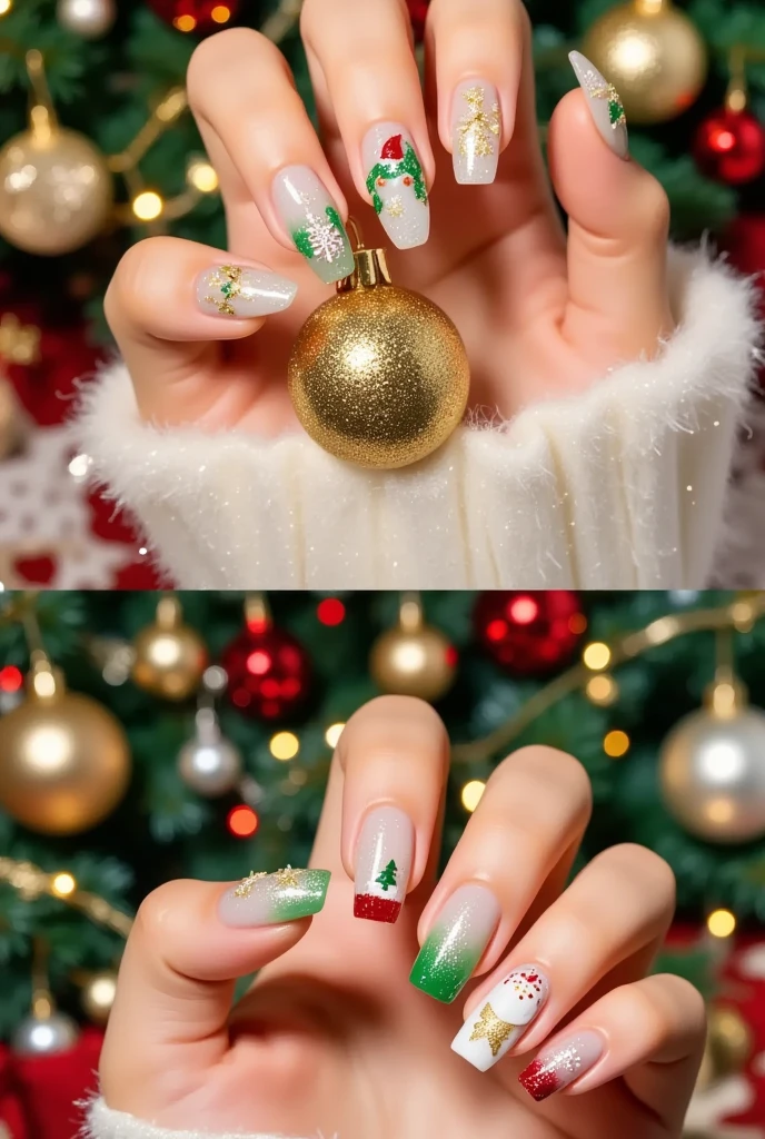 Close-up of a very good-looking hand holding a bottle of blue nail polish。(((nail design，Beautiful nails with Santa Claus head on them)))。