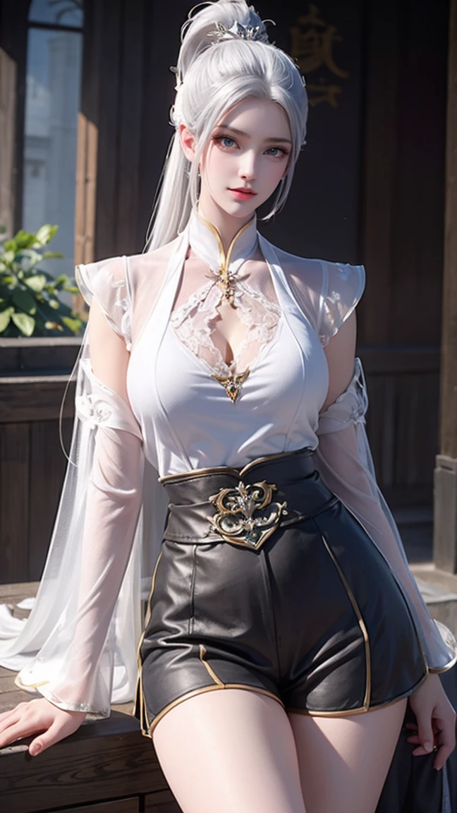 a white hair、Close-up of woman wearing white mask, Beautiful character painting, Guweiz, Gurwitz-style artwork, White-haired god, author：Yang Jie, Epic and beautiful character art, Stunning character art, author：Fan Qi, by Wuzhun Shifan, pixiv art street guweiz, Single ponytail, insult, High Ponytail, tall and big, Long legs, (Sleeveless lace shirt), (partial cover mini skirt), (Striped )), ((Striped )), Walk, elegant, dignified, woman, Beautiful curves, sweet smile, Strong sense of detail and layering, colour丰富绚丽, Has a unique texture, Colorful, colour, vivid, design art, 16K, Ultra Detailed, {{illustration}}, {Extremely refined}, {Exquisite surface treatment}, Ultra Detailed, Delicate and shining eyes, {{Movie Lighting}}, Extreme lighting effects, model: Realism, CFG size: 12, Laura: Bright texture (1.35), high quality, masterpiece, Exquisite facial features, Delicate hair depiction, Detailed depiction of the eyes, masterpiece, best quality, Ray Tracing, Extremely detailed CG unified 8k wallpaper, masterpiece, best quality, (1 girl), Perfect woman figure, (((tight white t shirt))), beautiful eyes, (Delicate face), Black short hair, Tie your hair up, Light blue hairpin, Black Silk Frame Glasses, In class, (White skin), (Optimal lighting), (Super intricate details), 4k unity, (Ultra Detailed CG), Showing off her white legs, , micro skirt, mini skirt, tigh mini skirt