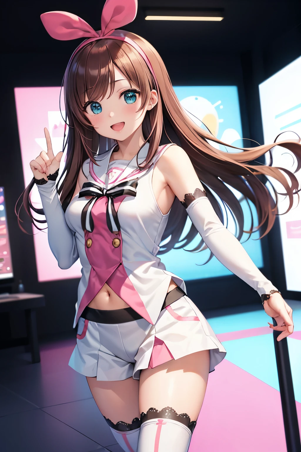 (8k, raw photo, masterpiece, extremely detailed, best quality, professional lighting, high res), BREAK beautiful and adorable girl, kizuna ai, cute, long hair, brown hair, multicolored hair, short shorts, pink hairband, white shorts, detached sleeves, pink hair, blue eyes, white thighhighs, breasts, sleeveless shirt, white sailor collar, bowtie, hair bow, white shirt, lace-trimmed legwear, 156 cm height, 85cm bust, 59cm waist, 83cm hips, BREAK (energetic, exited, virtual space, viewer computer room, unreal space, white background:1.2), big smile