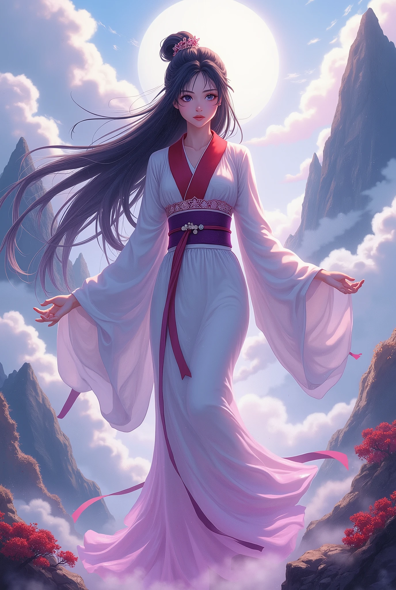  Japan's Kirishima Mountain Goddess ,  the greatest beauty in the anime world ,  long black hair up hair, (Beautiful thin eyes), Mid-chest,  white kimono with a red collar , The obi is a purple color ,  White Clouds ,Red Cloud,Purple Clouds, whole body,  best quality,  high image quality, masterpiece, 8K wallpaper,  high definition ,  Detailed Anime Art ,  fantasy art , 