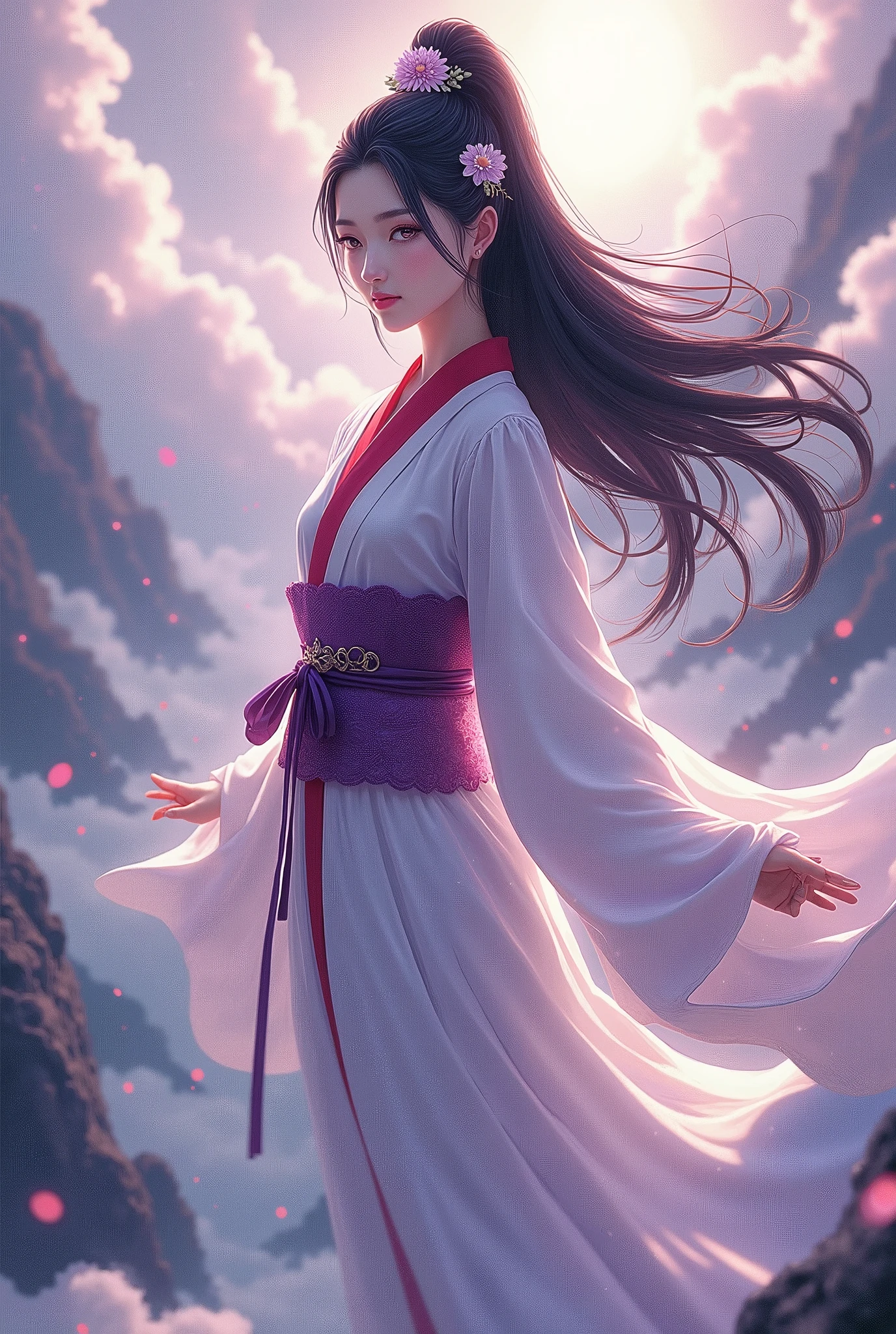  Japan's Kirishima Mountain Goddess ,  the greatest beauty in the anime world ,  long black hair up hair, (Beautiful thin eyes), Mid-chest,  white kimono with a red collar , The obi is a purple color ,  White Clouds ,Red Cloud,Purple Clouds, whole body,  best quality,  high image quality, masterpiece, 8K wallpaper,  high definition ,  Detailed Anime Art ,  fantasy art , 