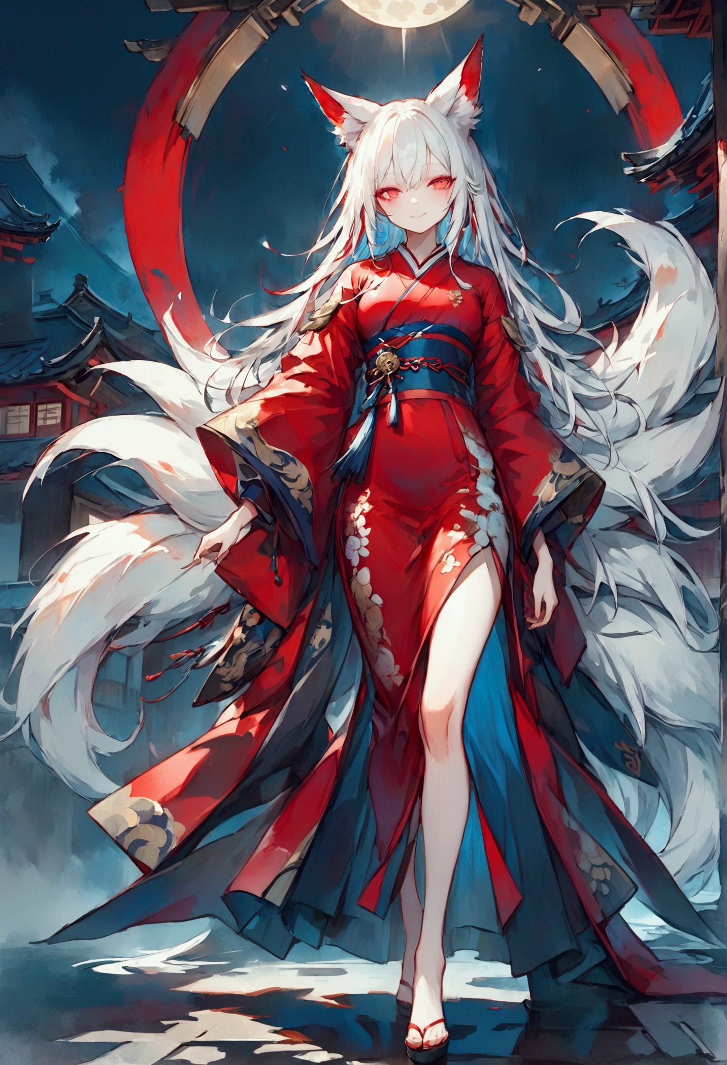 Masterpiece, highest resolution, highest quality, detailed depiction, beautiful, art, watercolor style, full-body shot, Japanese yokai, ((nine-tailed fox)), anthropomorphized fox, fair skin, slender eyes with distinct red eyeliner, silver hair, long hair, fox ears emerging from the head, beautiful white and red kimono, cool beauty, midnight, anthropomorphized nine-tailed fox walking along a nighttime path, smiling, full-body shot, front-facing angle, 4K graphics.