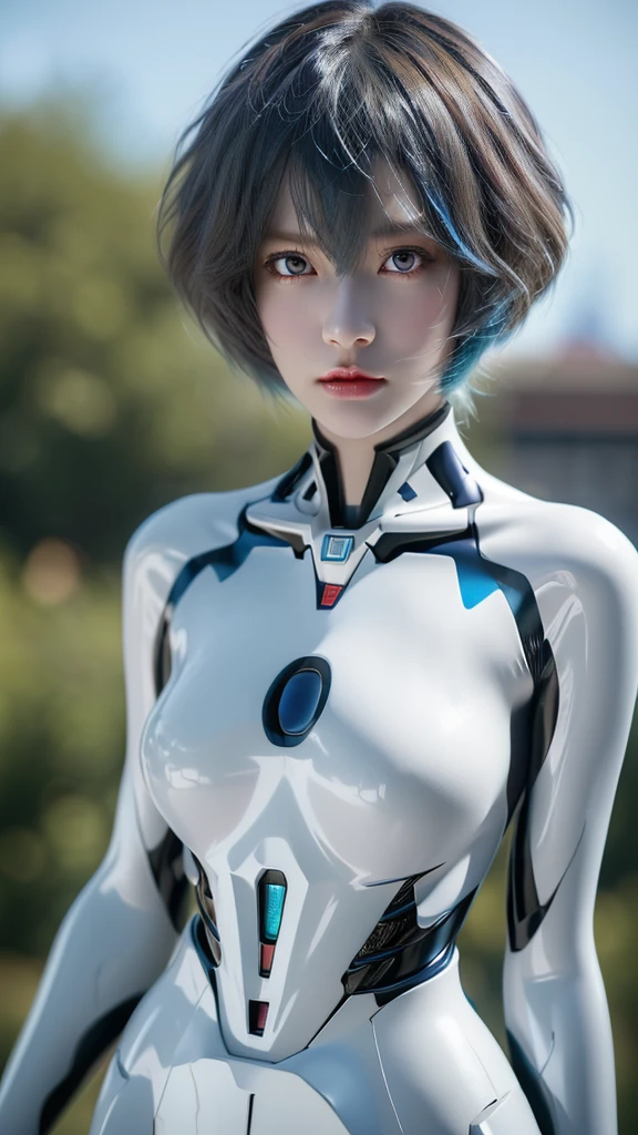 (Best Quality, Masterpiece:1.4), (Realism:1.2), (Realisitc:1.2), (Absurdres:1.2), (photorealistic:1.3), 1girl,Realistic Skin,Solo,( Very Big Eyes,beautiful detailed eyes, symmetric eyes), AYANAMI REI , outdoors, ((cowboy shot)), dtm, full ha, mecha device