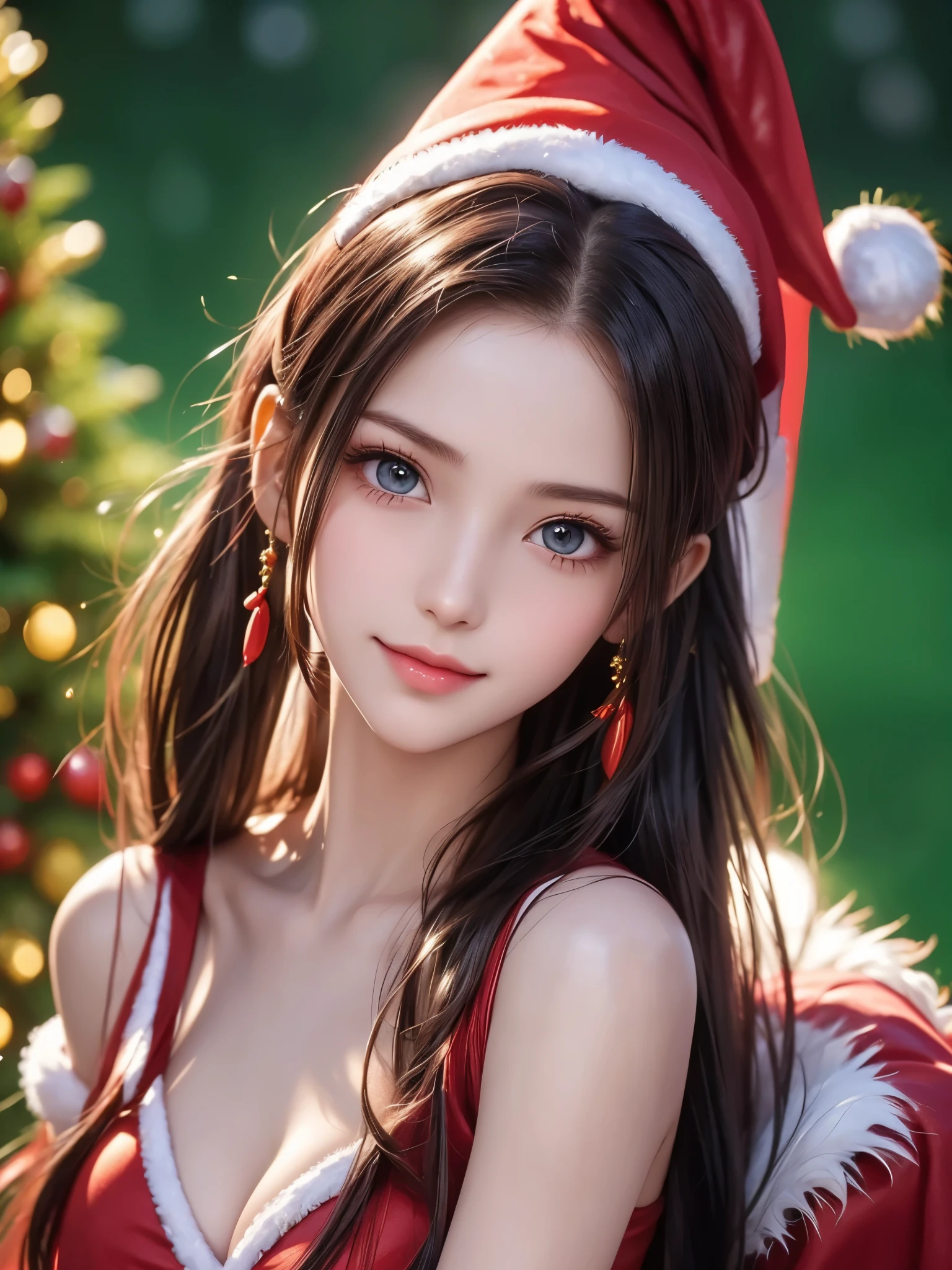  top quality、 super high resolution 、(Photographically: 1.4)、 beautiful eyes、 very beautiful 、 shiny hair、Thin hair、 Merry Christmas 、 Christmas tree、smile、(( red Santa Claus costume 、Santa hat、Ponytail、Forehead))