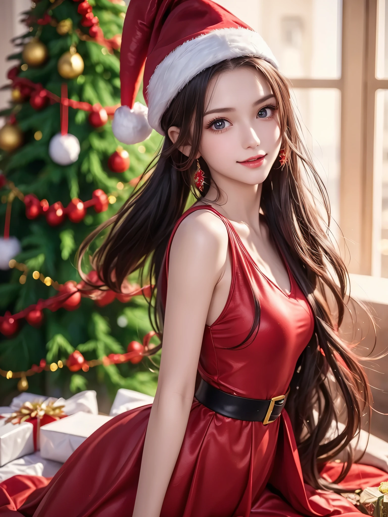  top quality、 super high resolution 、(Photographically: 1.4)、 beautiful eyes、 very beautiful 、 shiny hair、Thin hair、 Merry Christmas 、 Christmas tree、smile、(( red Santa Claus costume 、Santa hat、Ponytail、Forehead))