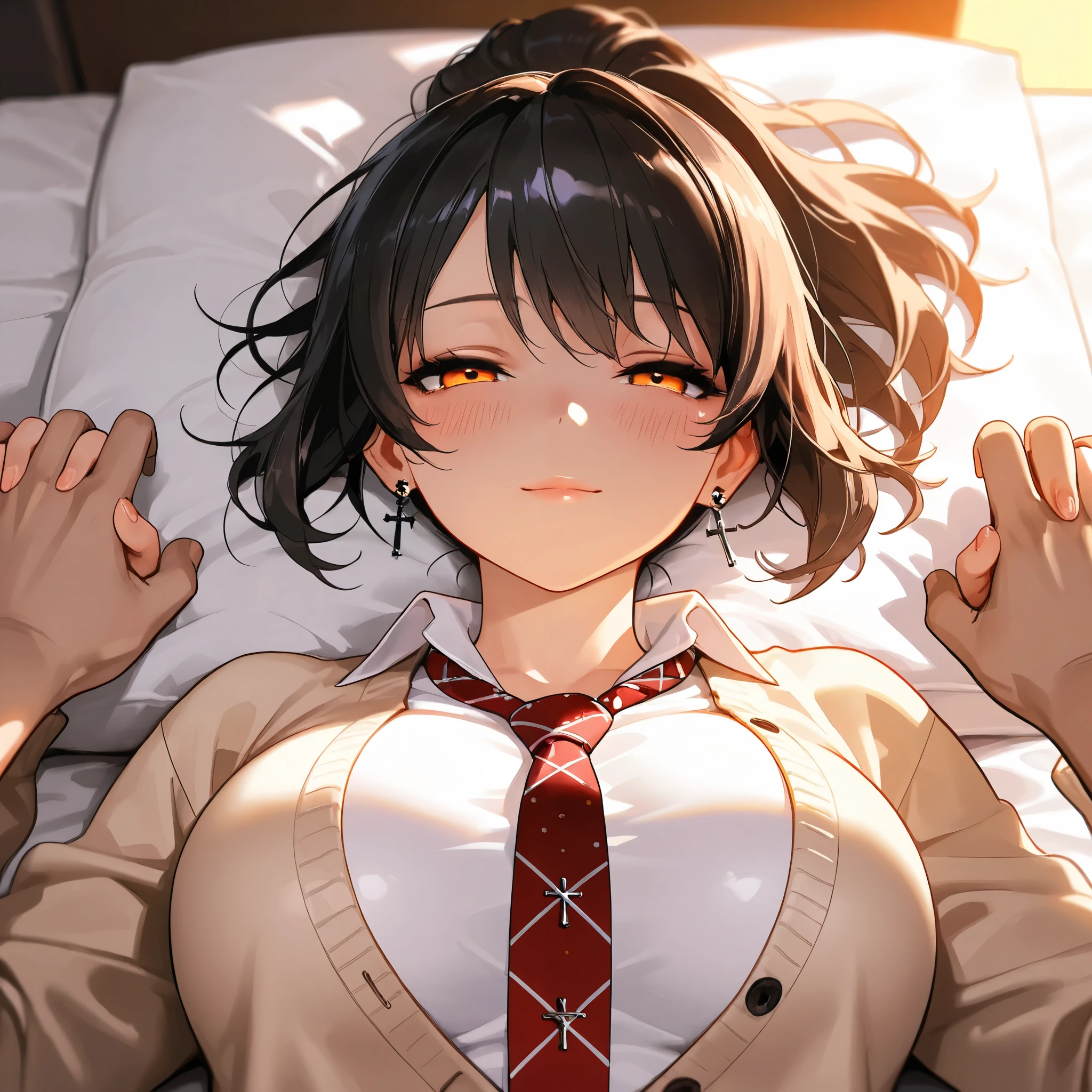 (pov), Hold hands, portrait, from above, cute girl, solo, school uniform, short hair, ponytail hair, Black hair with brown ends, orange eyes, large breasts, necktie, cross Pierced earrings, Sexy lips, beige cardigan, blush, flawless smooth skin, looking at viewer, light smile, half closed eyes, indoors, bedroom, bed, lying, lying on back, (best quality,4k,8k,highres,masterpiece:1.2),ultra-detailed,intricate details, high fashion, dramatic lighting, warm colors, chiaroscuro