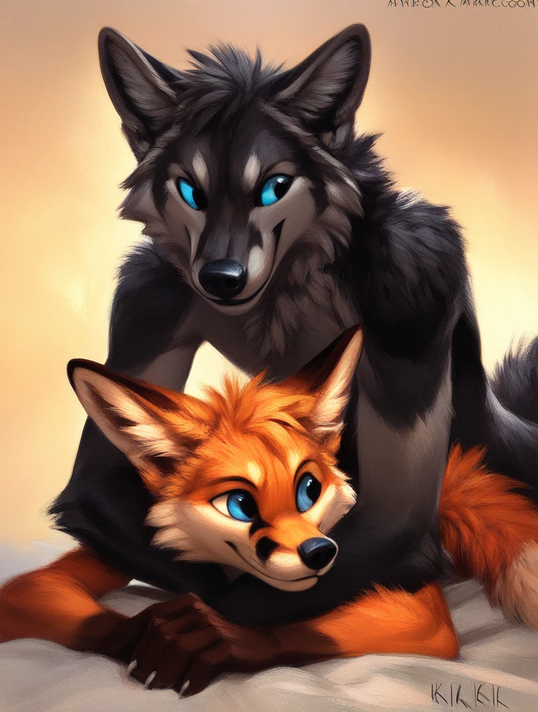 score_9, score_8_up, score_7_up, source_furry, rating_safe, by kenket, anthro, duo, male/male, wolf, black body, blue eyes, fox, orange body, doggy style, bird's eye view, on belly
