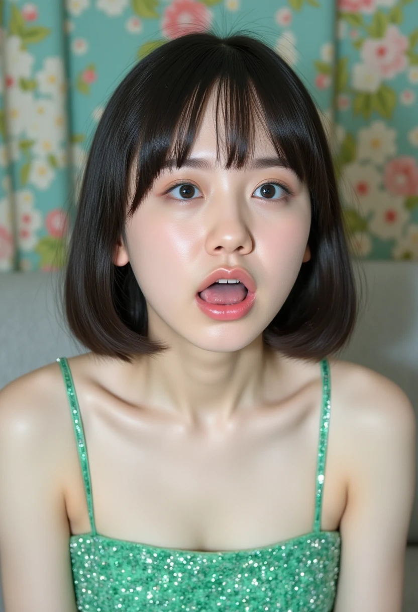 masterpiece, 最high quality,16k,8K,beautiful,get used to it,exquisite,extremely get used to it, finely get used to it, high quality, insanely get used to it, ultra get used to it, ultra high resolution, 超high quality, beautiful face, Japanese, NSFW,Picture of a woman's face 、( sharp focus ), From below, ( please kneel and look upward:1.10), ((Open your mouth:1.6)), ( stick out your tongue:1.8), (Ultra-detailed beautiful faces:1.10), (Ultra-detailed beautiful slim body:1.9), 21 years old, ( Super Detailed Beautiful Japanese Beauty Female Idols:1.7), ( troubled face:1.3), Woman in the center of the image, break, photorealistic, hyperrealism, portrait of young adorable Japanese face, Japanese facial features, Young and Cute Skinny Oriental Faces, Bust Up Shot, 21 years old idol with a cute face, beautiful Japanese girl's face , Japanese facial features, she has a lovely look , ( Light Green Sparkling Evening Dress :1.5)