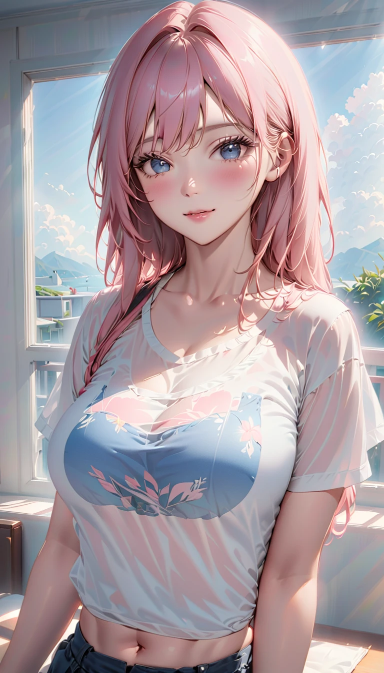 (higher resolution, Clearly_image)  best quality ,  a woman, masterpiece,  very detailed , Semi-realistic, 21 years old, Fair, Young,  Handsome, t-shirt, light pink shirt ,  modern room , window, Wake up, morning,  blush,  Smile， Big Breasts 