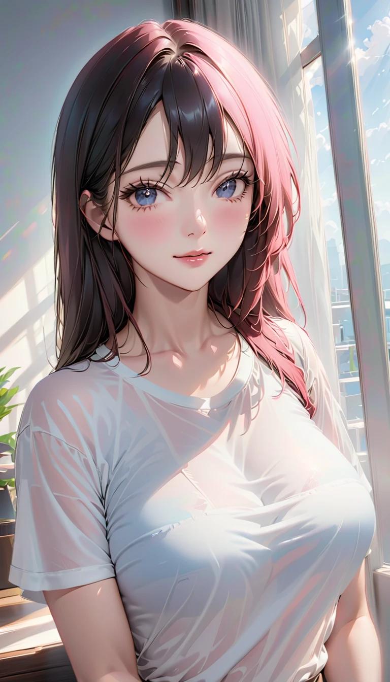 (higher resolution, Clearly_image)  best quality ,  a woman, masterpiece,  very detailed , Semi-realistic, 21 years old, Fair, Young,  Handsome, t-shirt, light pink shirt ,  modern room , window, Wake up, morning,  blush,  Smile， Big Breasts 