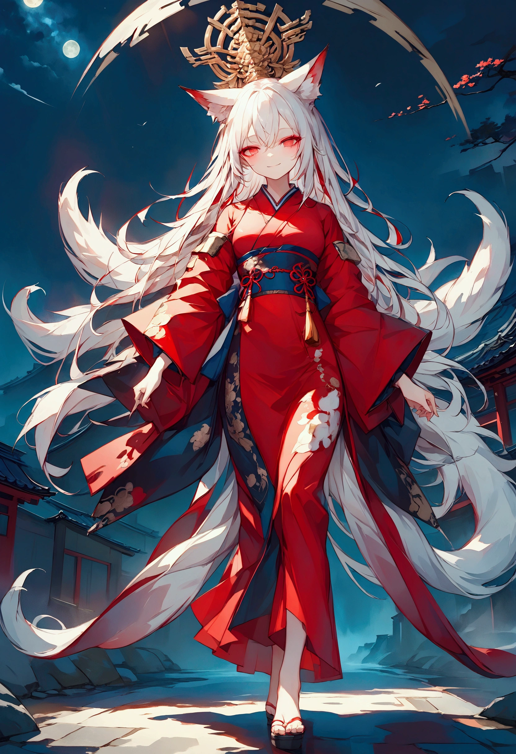 Masterpiece, highest resolution, highest quality, detailed depiction, beautiful, art, watercolor style, full-body shot, Japanese yokai, ((nine-tailed fox)), anthropomorphized fox, fair skin, slender eyes with distinct red eyeliner, silver hair, long hair, fox ears emerging from the head, beautiful white and red kimono, cool beauty, midnight, anthropomorphized nine-tailed fox walking along a nighttime path, smiling, full-body shot, front-facing angle, 4K graphics.