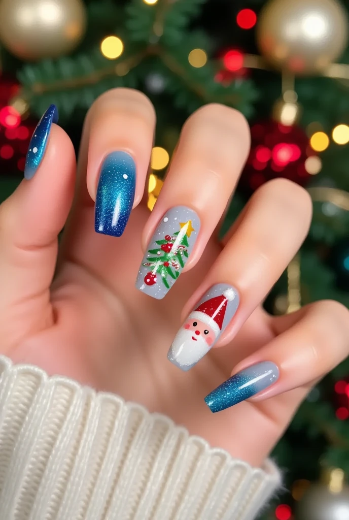 Close-up of a very good-looking hand holding a bottle of blue nail polish。(((nail design，Beautiful nails with Santa Claus head on them)))。