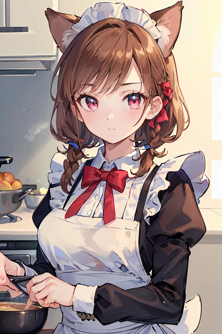 (((Best quality, 8k, Masterpiece: 1.3)), ((best quality)), ((masterpiece)), (detailed), perfect face, perfect body, (detailed skin:1.3), (intricate details), brown hair, long braid, ribbon, dog ears, maid, maid apron, cooking