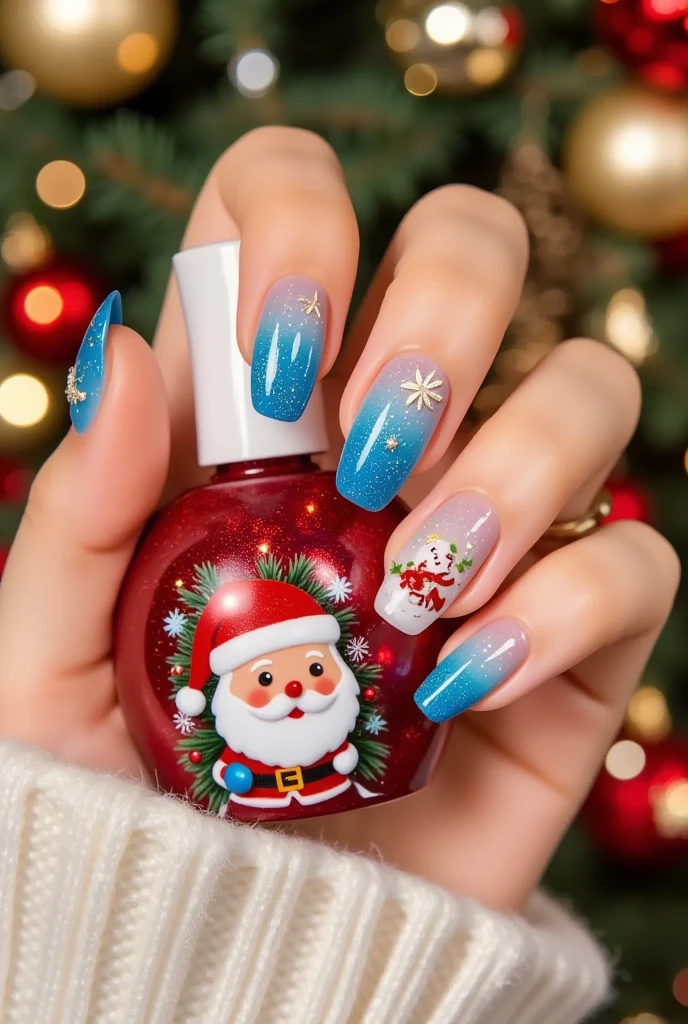 Close-up of a very good-looking hand holding a bottle of blue nail polish。(((nail design，Beautiful nails with Santa Claus head on them)))。