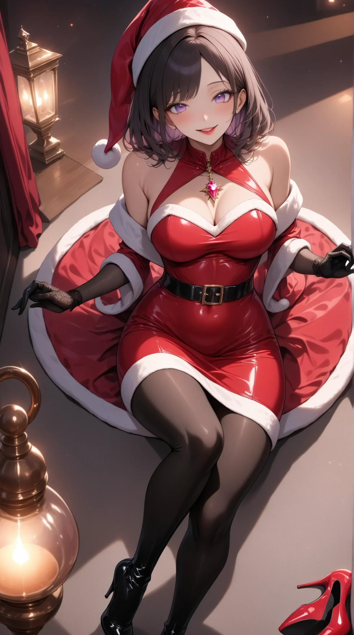  1 mature bewitching woman ,(masterpiece, top quality, very detailed depiction, Incredibly Absurd High Definition ,),(Bewitching Queen ),(sexy Santa Claus costume with red latex material, red pencil skirt , Body Stocking,Santa hat,black lace gloves, luxury accessories ,A mysteriously shining jewel, black tights, high heels, thigh high boots),(Purple Eyes, Half Closed Eyes, are opening their mouths, bewitching smile, Glossy Lipstick, slender body,Beautiful legs, healthy legs,Seductive gestures, forward leaning position), standing:1.3, full body image :1.3,Lamplight, view from above:1.3