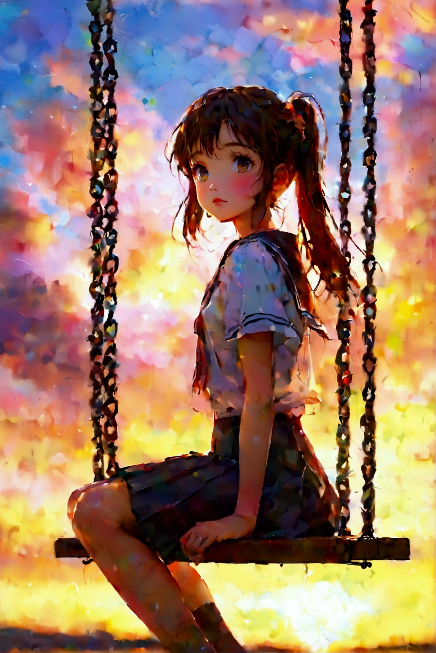 ((A high school girl sitting on a swing at dusk, lost in thought as the sky transitions to twilight. The medium shot captures the nostalgic feeling of youth and the gentle sway of the swing, evoking a sense of reflection)),2D CGI, dynamic angles, body language, gestures, color psychology, anime expressions, high-quality, perfect anatomy, 4K, SFW, shadows, foreshortening, scenery, modest attire, facial expressions, eye reflections, full color, quirky traits