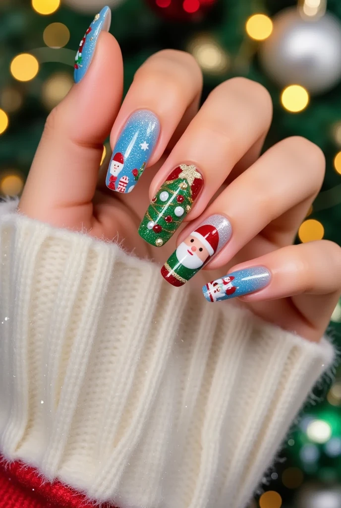 Close-up of a very good-looking hand holding a bottle of blue nail polish。(((nail design，Beautiful nails with Santa Claus head on them)))。