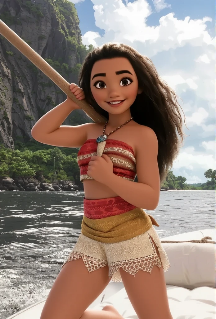 Moana on a boat in the sea, wearing a red outfit, disney style, pokies