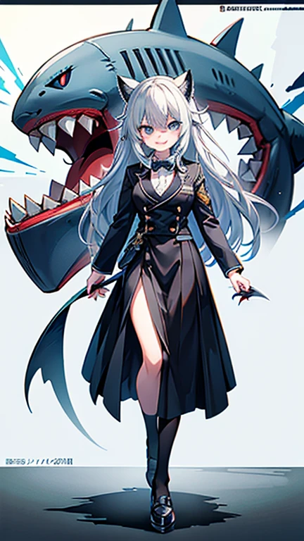 Long hair down to the waist, eyes are in shadow, holding a smartphone in front of the face,she is stepping on a male student's head with her right foot, wearing a blazer-type uniform, long skirt, jagged teeth. Illustrations of jagged teeth have been drawn by many creators, and the sharp shark-like teeth are particularly distinctive and impactful. Jagged teeth are also a deformation of the teeth that are jagged like a shark overall. Like double teeth, they are drawn as a feature to give the character individuality. Jagged teeth give the viewer an image of coolness or evil, a distorted smile, an low angled composition, in the class room, anime, anime style, move chart, tachi-e, UHD, retina, masterpiece, accurate, anatomically correct, super detail, high details, textured skin, high quality, best quality, highres, 1080P, HD, 16k