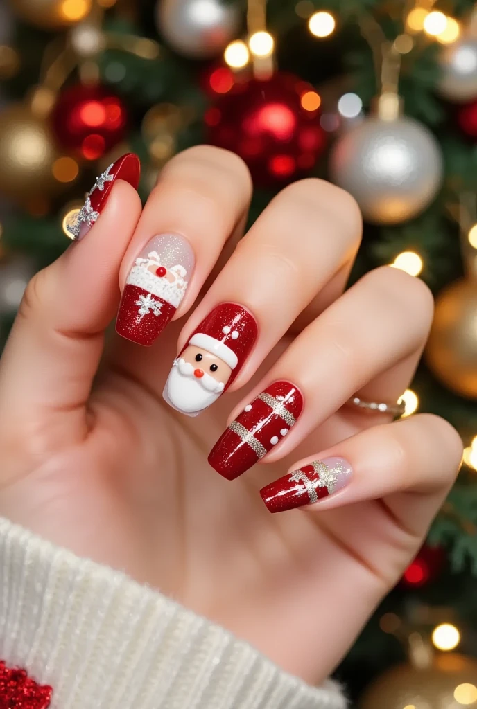 Close-up of a very good-looking hand holding a bottle of blue nail polish。(((nail design，Beautiful nails with Santa Claus head on them)))。