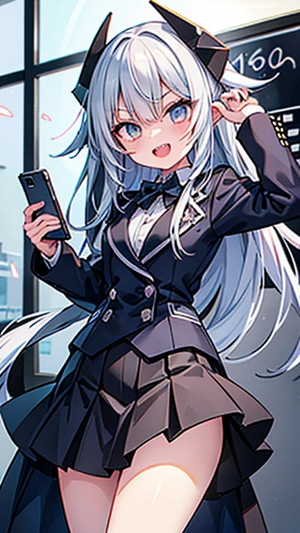 Long hair down to the waist, eyes are in shadow, holding a smartphone in front of the face,she is stepping on a male student's head with her right foot, wearing a blazer-type uniform, long skirt, jagged teeth. Illustrations of jagged teeth have been drawn by many creators, and the sharp shark-like teeth are particularly distinctive and impactful. Jagged teeth are also a deformation of the teeth that are jagged like a shark overall. Like double teeth, they are drawn as a feature to give the character individuality. Jagged teeth give the viewer an image of coolness or evil, a distorted smile, an low angled composition, in the class room, anime, anime style, move chart, tachi-e, UHD, retina, masterpiece, accurate, anatomically correct, super detail, high details, textured skin, high quality, best quality, highres, 1080P, HD, 16k