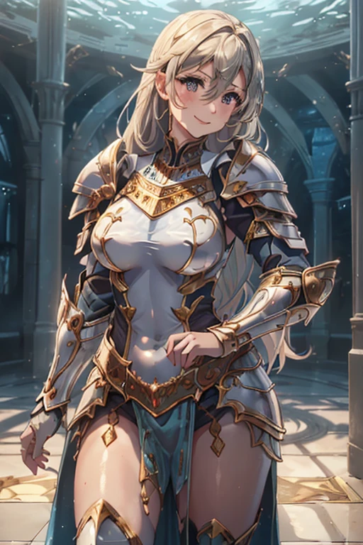 ( one beautiful woman inside the aquarium building 、 beautiful woman with anatomically perfect body wetting the floor with pee、knight、Detailed hand、perfect hand、 perfect face、 beautiful eyes、Beautiful Hair)、(armor、armor、Loin cloth)、(blush、loyalty、smile:1.2)、 closes the eye、 top quality