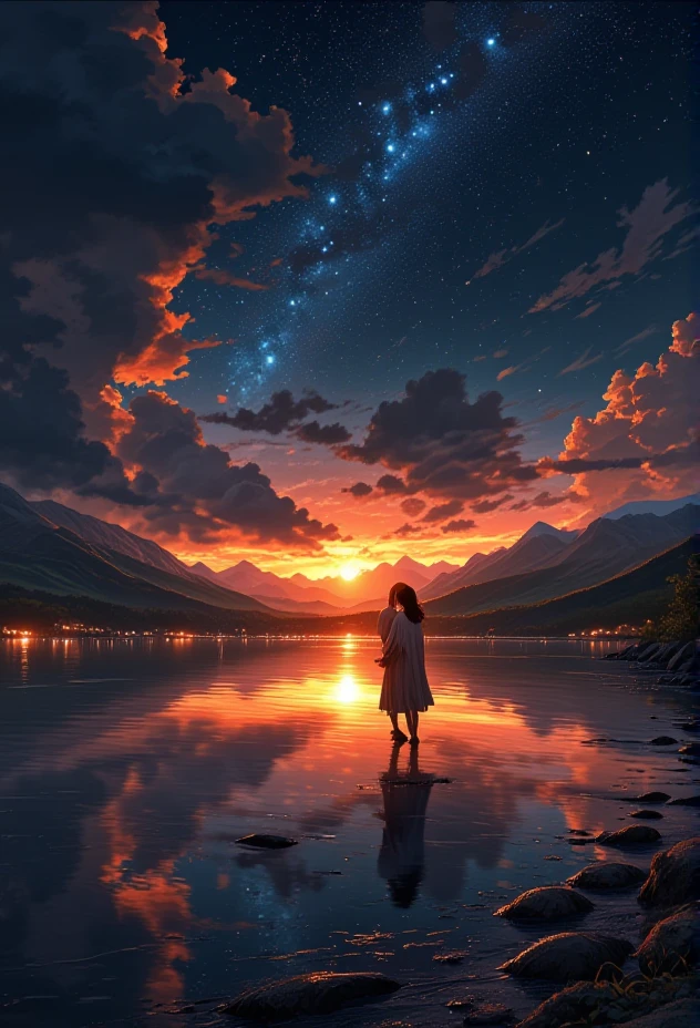 golden hour scene of two friends sharing a quiet moment. The scene showcases a sky filled with shimmering stars and constellations, with a winding river in the background.   The lighting casts cool, mysterious shadows, enhancing the surreal beauty of the landscape. The figure is dressed in bohemian attire, adding a mysterious allure. Small details, like waves gently lapping at the shore, bring an extra layer of magic and realism to the scene.}bv-stuanilan