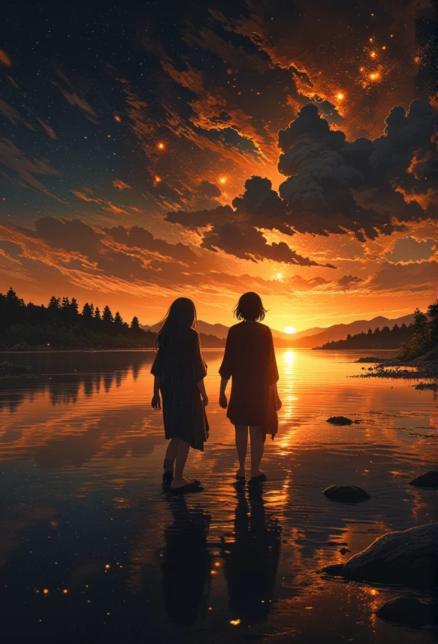 golden hour scene of two friends sharing a quiet moment. The scene showcases a sky filled with shimmering stars and constellations, with a winding river in the background.   The lighting casts cool, mysterious shadows, enhancing the surreal beauty of the landscape. The figure is dressed in bohemian attire, adding a mysterious allure. Small details, like waves gently lapping at the shore, bring an extra layer of magic and realism to the scene.}bv-stuanilan