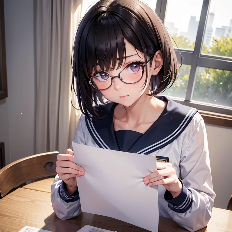 8K, (absurdness, ultra detailed, masterpiece, best quality), Mature beautiful girl, ((1girl, alone, 16years old)), (finely detailed eyes and detailed face, detailed face, beautiful face, perfect face:1.2), (anatomically accurate depiction), anime character, short bob-cut hair, slightly covering their eyes with bangs, wearing round glasses, facial expression is a mix of being extremely shy and flustered, dressed in a sailor-style school uniform, single detail of a fictional school emblem, Holding a love letter in their hand, cover your mouth with a love letter, looking up at the viewer with an upward gaze, (take your eyes off the viewer), background (school classroom, with particles of light gently floating by a window side)