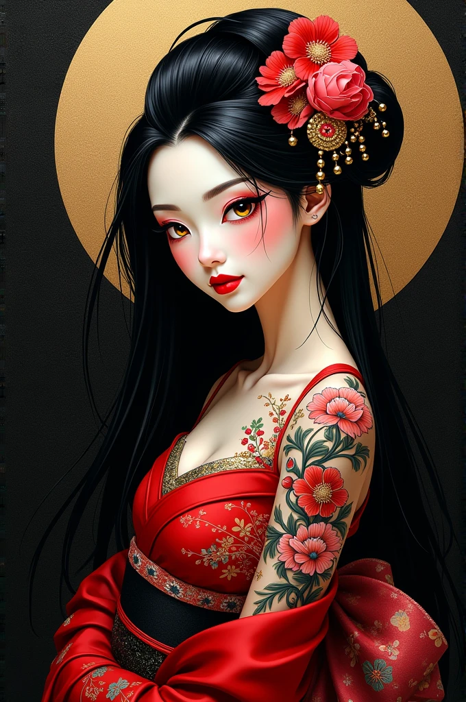 Red and black and white abstract image of a geisha wearing a kimono ...