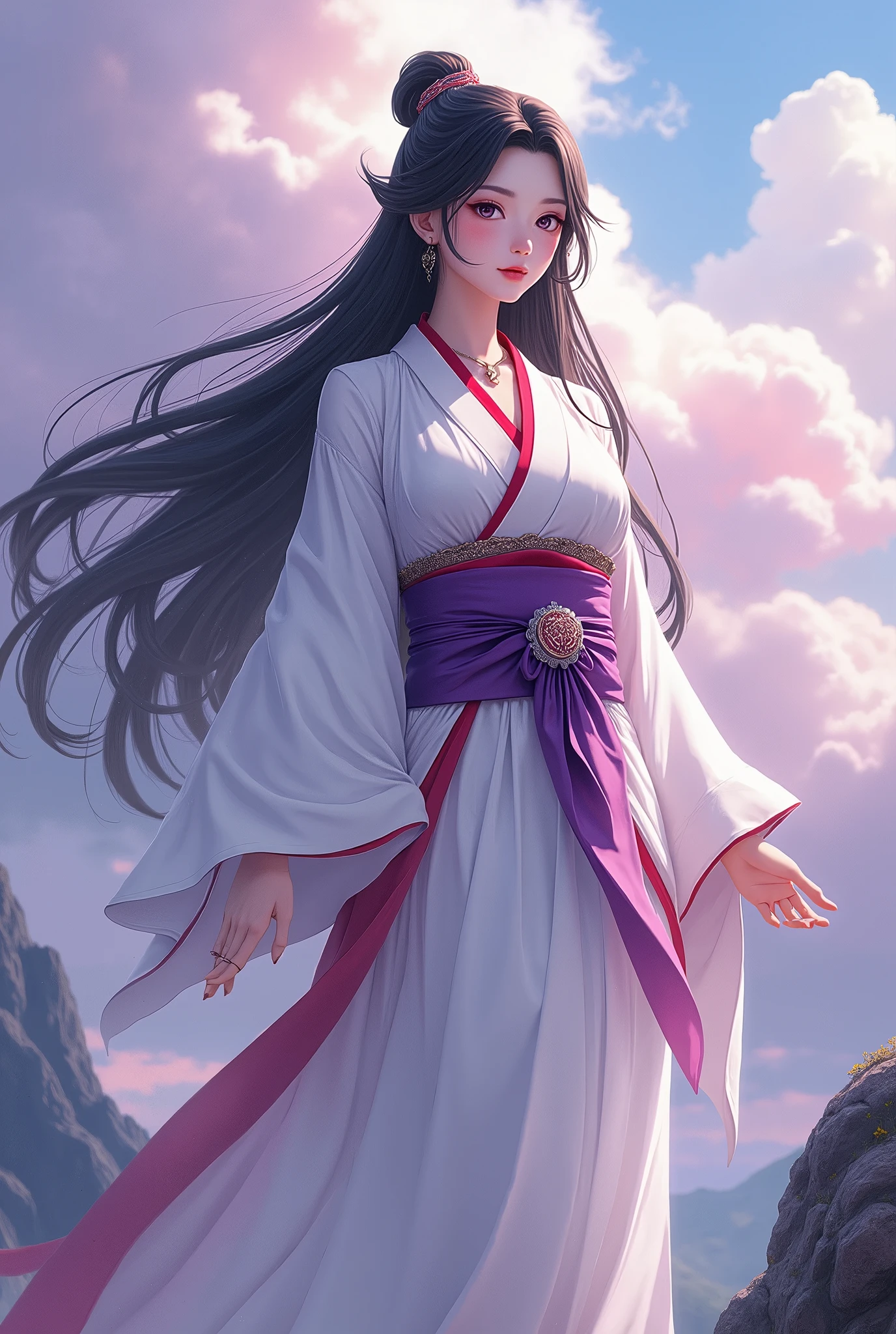  Japan's Kirishima Mountain Goddess ,  the greatest beauty in the anime world ,  long black hair up hair, (Beautiful thin eyes), Mid-chest,  white kimono with a red collar , The obi is a purple color ,  White Clouds ,Red Cloud,Purple Clouds, whole body,  best quality,  high image quality, masterpiece, 8K wallpaper,  high definition ,  detailed anime art ,  fantasy art , 