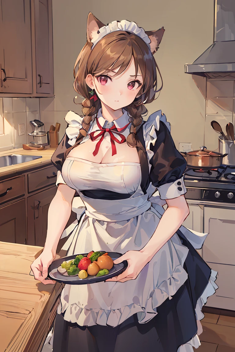 (((Best quality, 8k, Masterpiece: 1.3)), ((best quality)), ((masterpiece)), (detailed), perfect face, perfect body, (detailed skin:1.3), (intricate details), brown hair, long braid, ribbon, dog ears, maid, maid apron, cooking