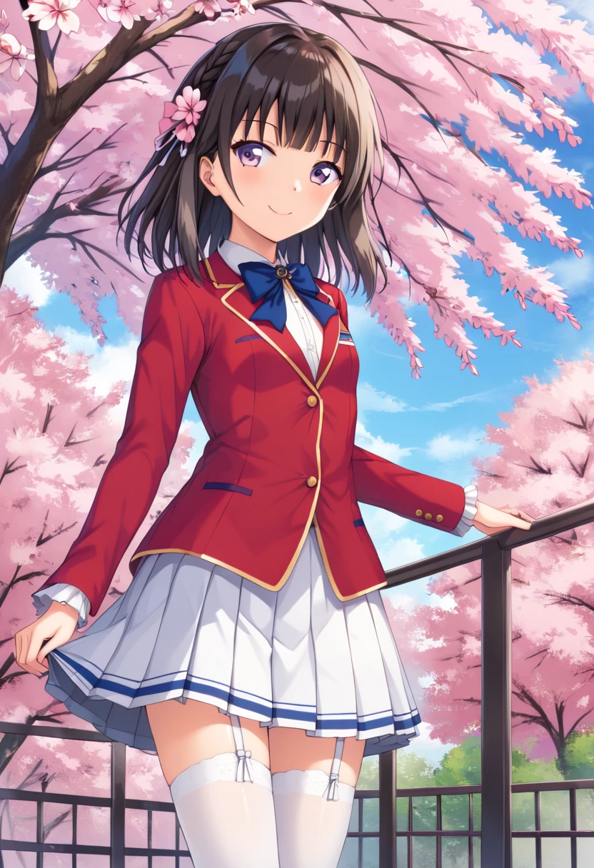 masterpiece,  top quality,  high definition , Alice,  medium hair,  braided , blunt bangs,  blue tie,  red jacket,  blazer,  Long Sleeve , White Skirt,  pleated skirt ,   garter strap,  White Knee-High, smile, cherry blossoms (Sakura),  lean forward,  turn your arm backwards,  outdoor,  standing with different breasts ,  cowboy shot 