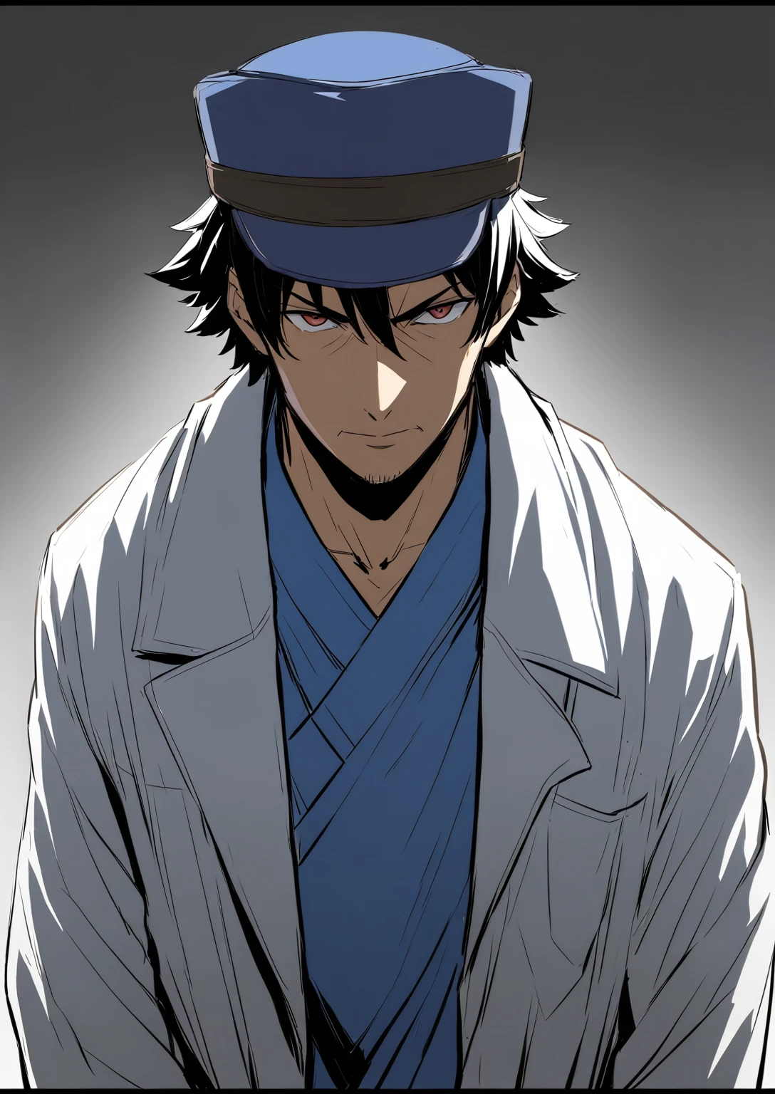 anime image of a man in a blue hat and a blue shirt, with a weird hat, he is wearing a hat, makoto shinka, as an anime character, okabe rintarou, wears a destroyed hat, in an anime style, (doctor),  taisho roman, inspired by Iwao Takamoto shaded