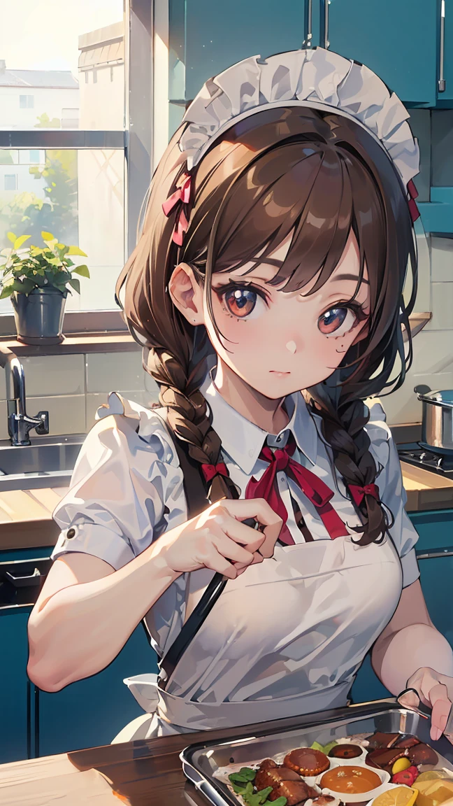 (((Best quality, 8k, Masterpiece: 1.3)), ((best quality)), ((masterpiece)), (detailed), perfect face, perfect body, (detailed skin:1.3), (intricate details), brown hair, long braid, ribbon, dog ears, maid, maid apron, cooking, kitchen