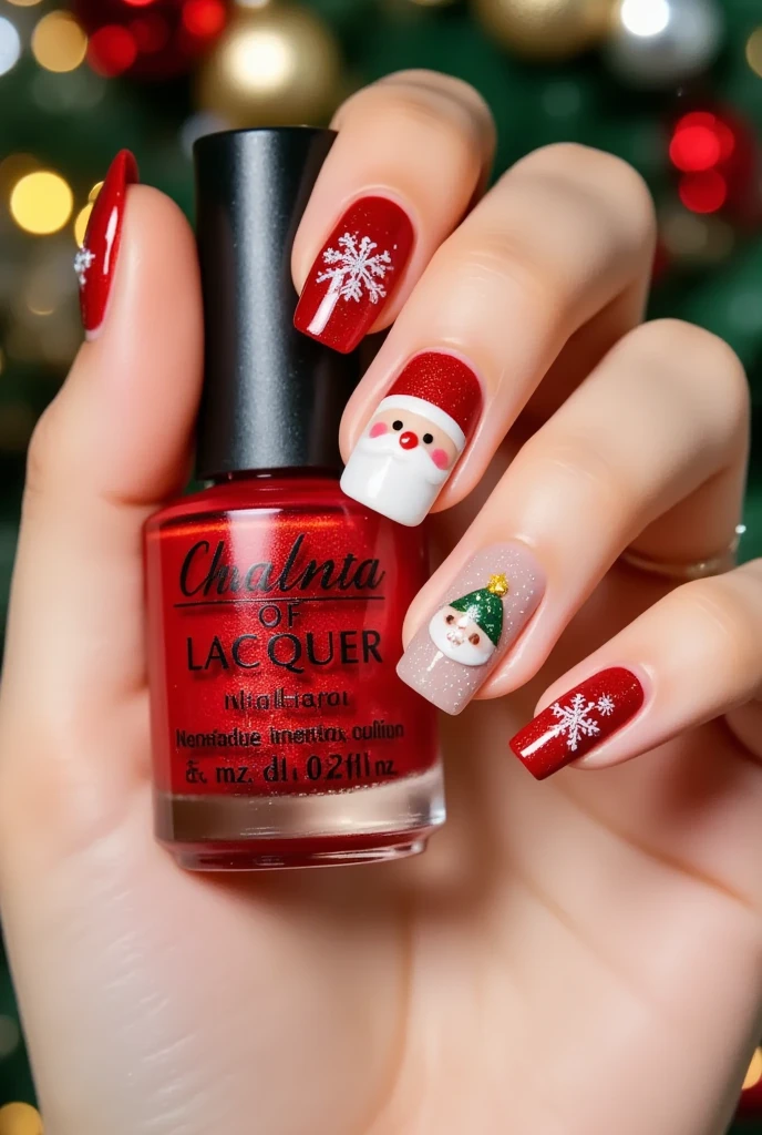 Close-up of a very good-looking hand holding a bottle of blue nail polish。(((nail design，Beautiful nails with Santa Claus head on them)))。