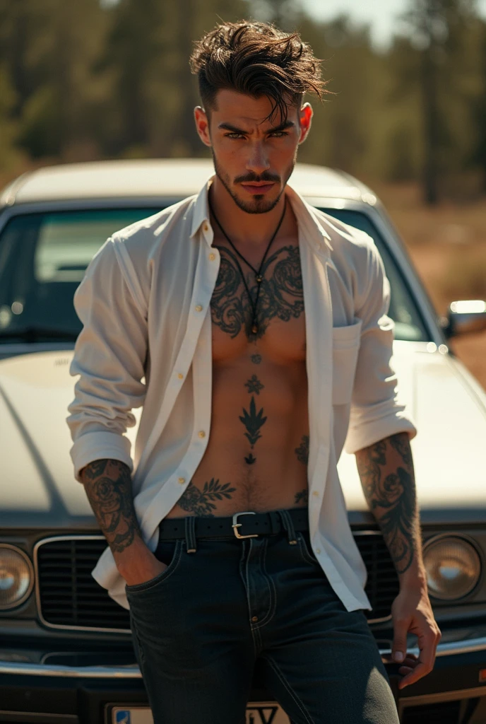 A 23 year old man handsome attractive seductive expression, athletic, tattooed, Leaning on his sports car , strong arms cabello castaño oscuro, strong arms, neck tattoo, , Casual suit, very handsome , at night, loose denim jeans , illumination lanterns