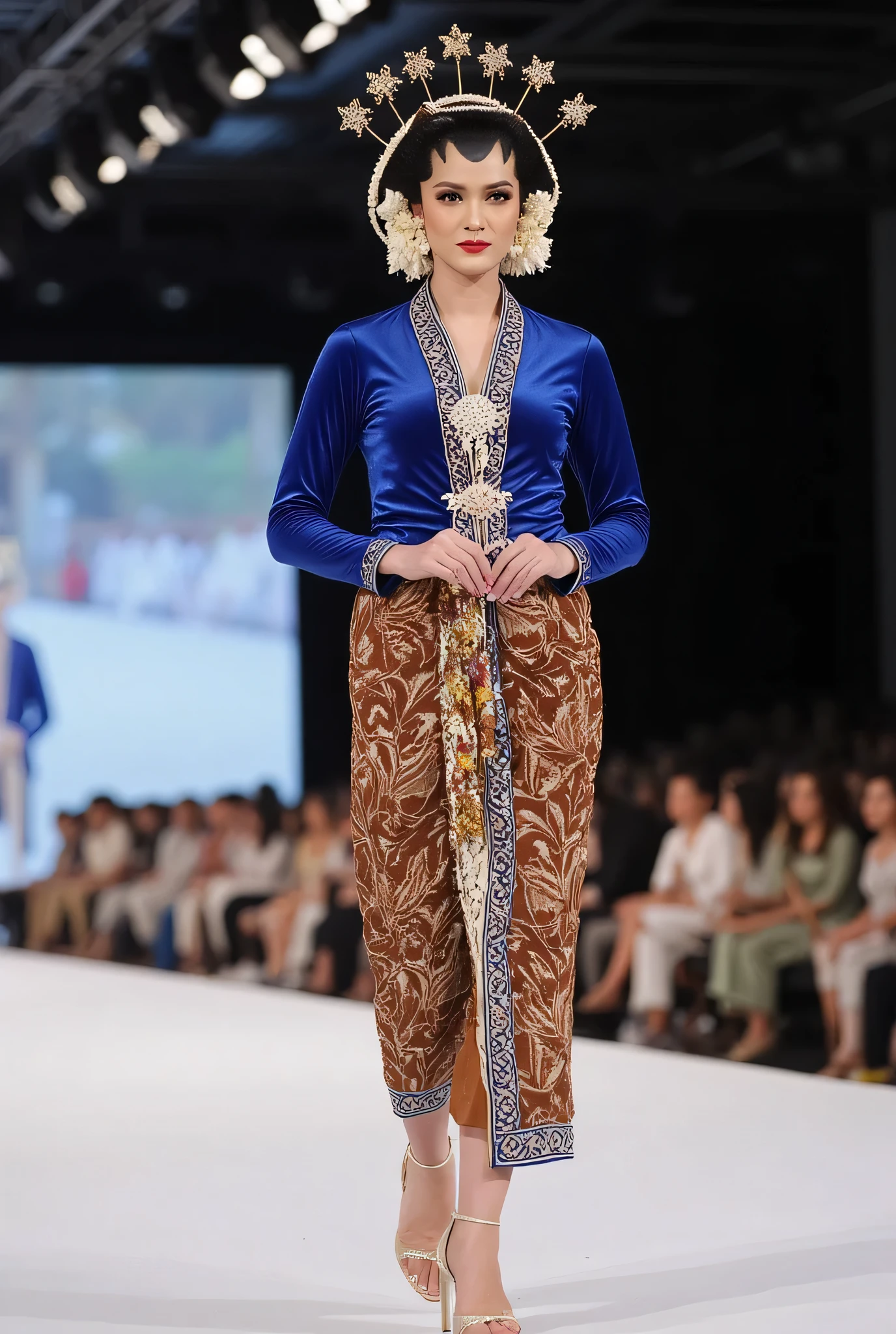 a beautiful female model wearing a blue kebaya and brown batik sarong and wearing heels and walking on the kebaya fashion show stage , Full body picture