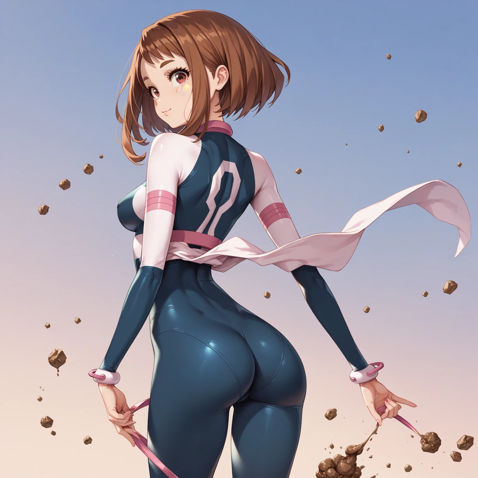 (side angle), ochako uraraka, brown eyes, brown hair, (aego)short hair, blush, blush stickers, bodysuit, skin tight, superhero, slender body, tiny waist. sexy body, sexy figure, slim legs, slim figure, sexy, tiny waist, desireable, tempting, lust, butt, back view, back, dos, fesses , yoga pants, poches arrières pantalon, bottes noires 