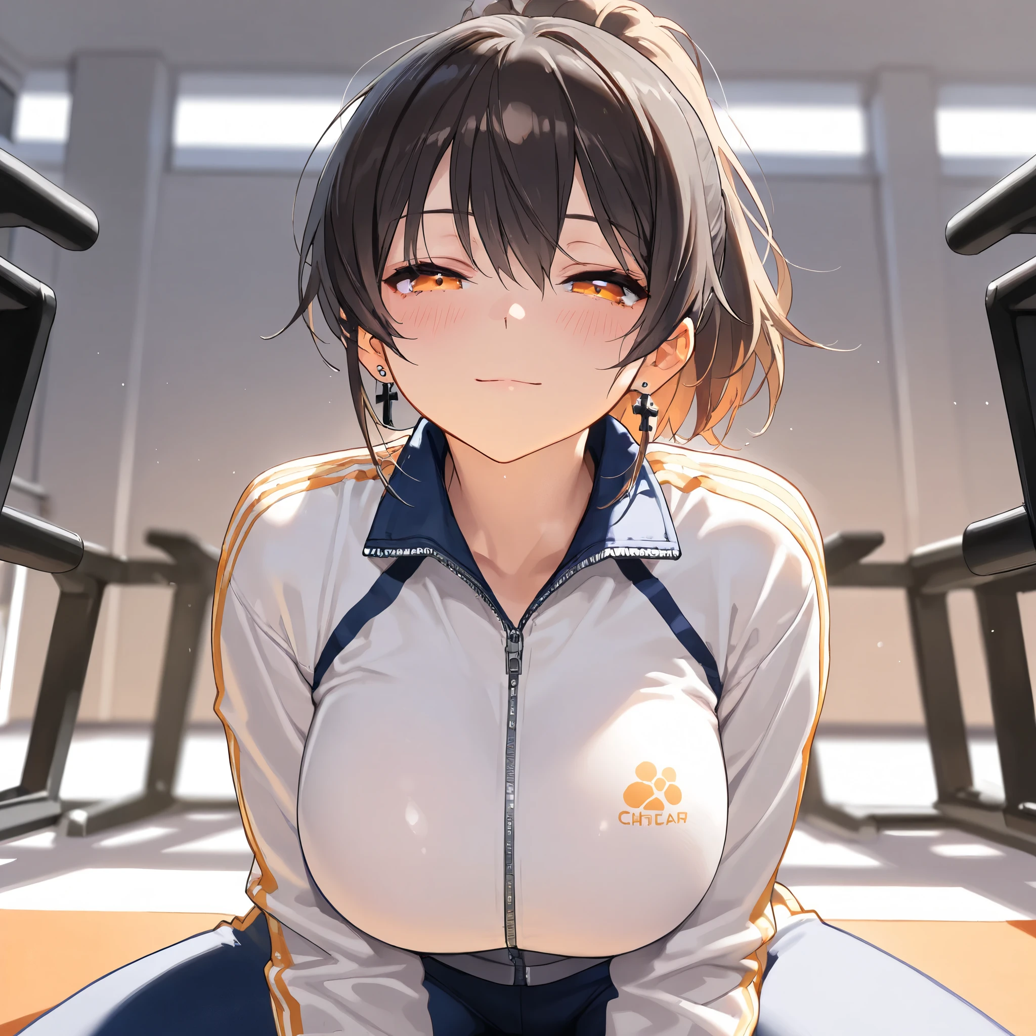 A warming-up exercise, cute girl, solo, tracksuit, short hair, ponytail hair, Black hair with brown ends, orange eyes, large breasts, cross Pierced earrings, blush, flawless smooth skin, looking at viewer, light smile, half closed eyes, indoors, sitting, (best quality,4k,8k,highres,masterpiece:1.2),ultra-detailed,intricate details, high fashion, dramatic lighting, warm colors, chiaroscuro