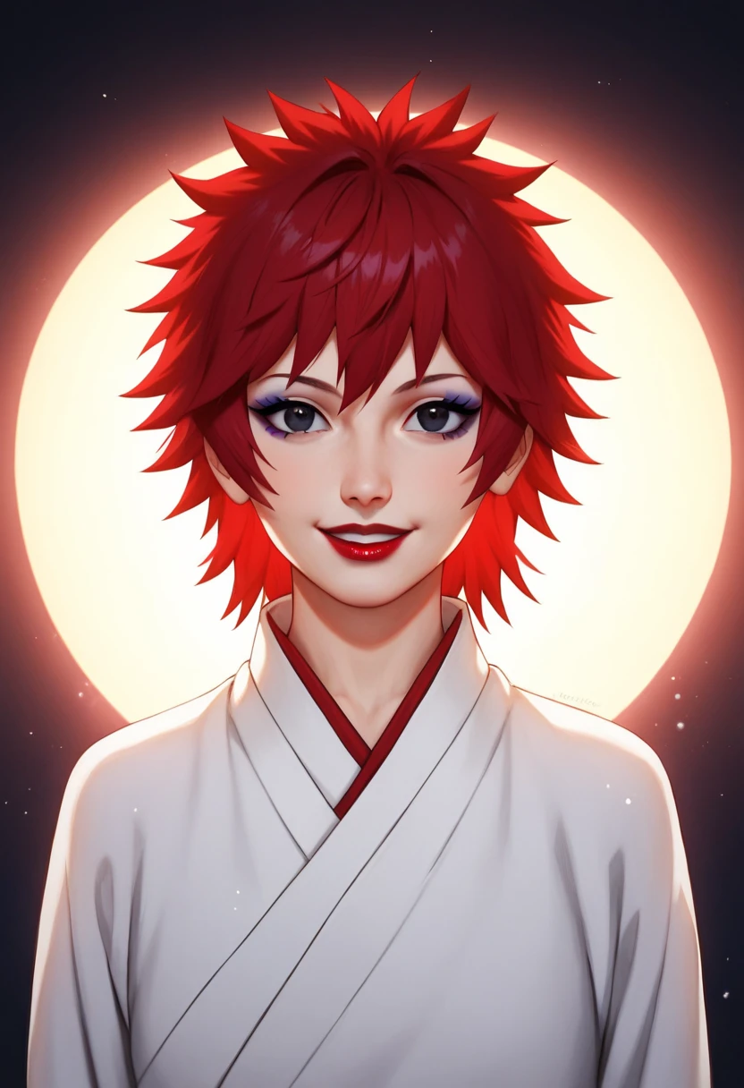 Mito Uzumaki, , Red hair, black eyes, white kimono,  smile, light red lipstick, Dark Purple Eyeshadow, Compose, , (Masterpiece, Best quality:1.4), bokeh effect, volumetric lighting, A high resolution, extremely detailed 8k illustration, Realistic, cowboy shot, medium shot,
