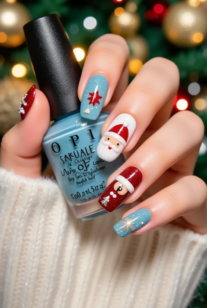 Close-up of a very good-looking hand holding a bottle of blue nail polish。(((nail design，Beautiful nails with Santa Claus head on them)))。