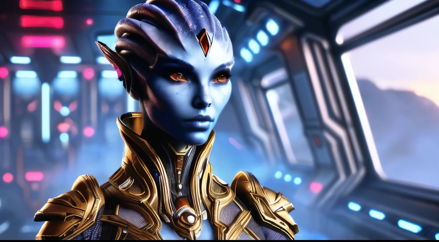 a close up of a woman with a futuristic look on her face, starcraft 2 videogame character, female alien, , the fourth race of starcraft 2,  angry female alien, of a beautiful female warframe, of a futuristic woman selk'nam, mass effect fantasy, portrait beautiful sci - fi girl