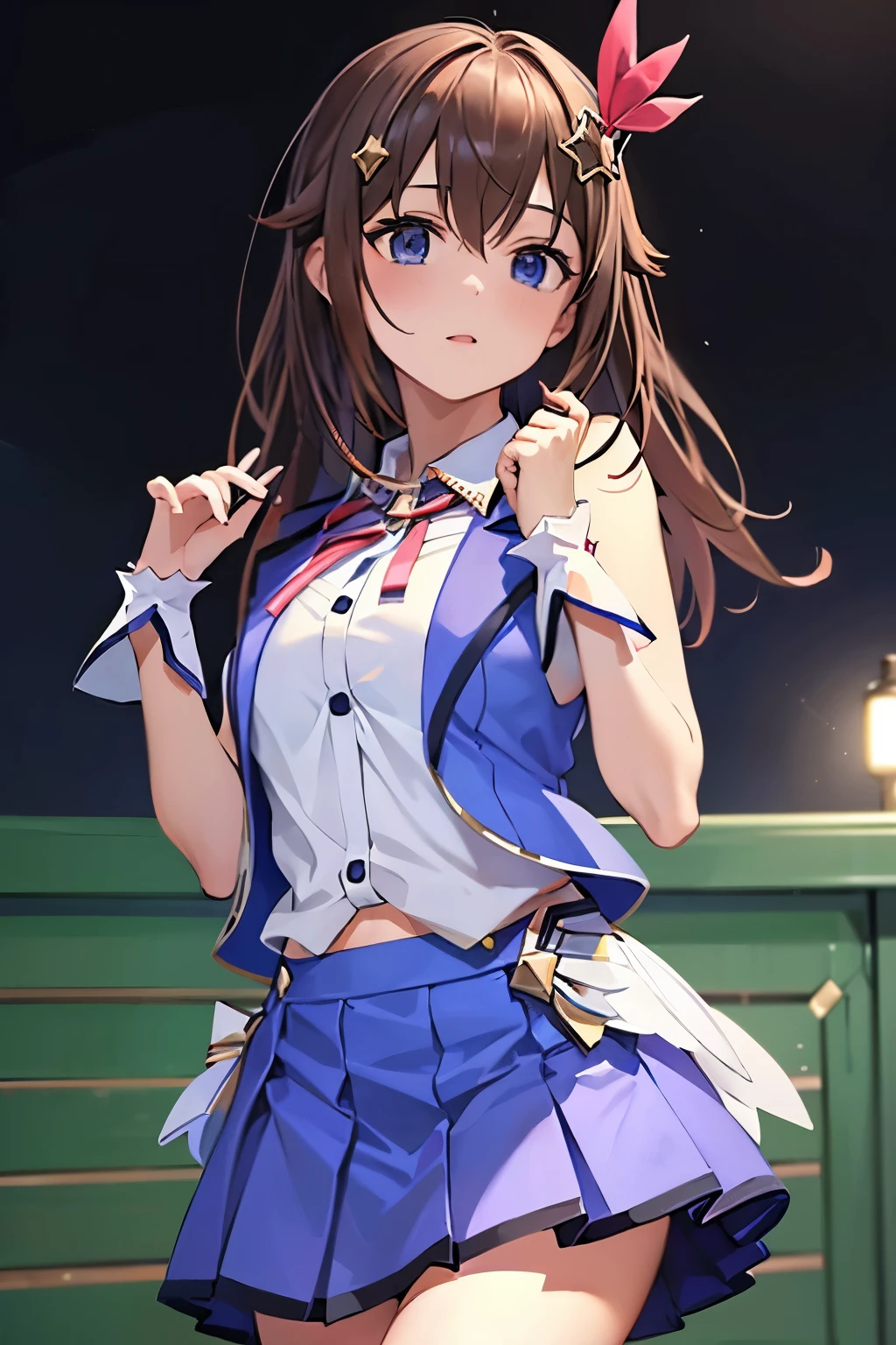 (8k, raw photo, masterpiece, extremely detailed, best quality, professional lighting, high res), BREAK beautiful and adorable girl, ts1, white shirt, blue vest, sleeveless, blue thighhighs, blue skirt, wrist cuffs, neck ribbon