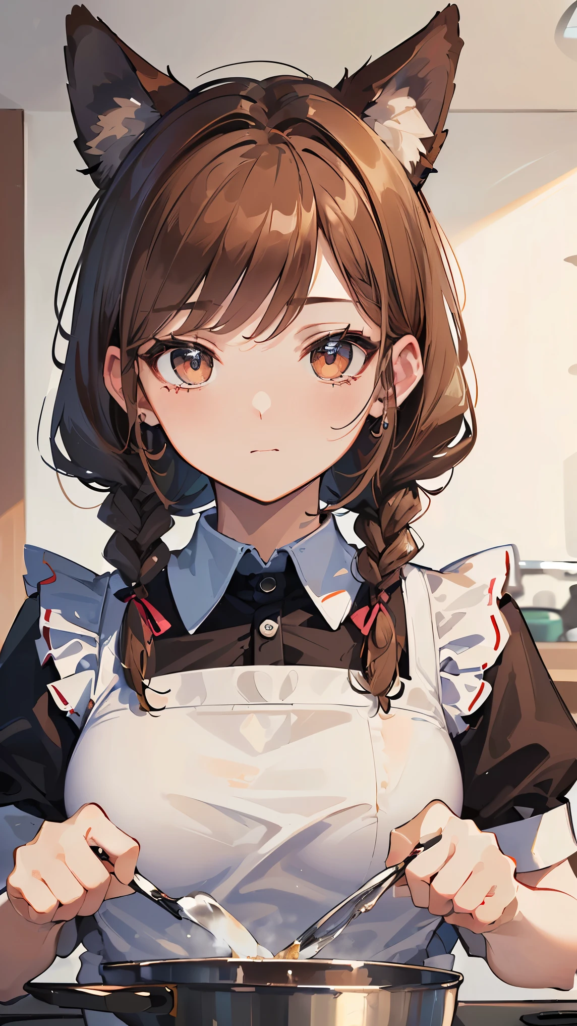 (((Best quality, 8k, Masterpiece: 1.3)), ((best quality)), ((masterpiece)), (detailed), perfect face, perfect body, (detailed skin:1.3), (intricate details), brown hair, long braid, ribbon, dog ears, maid, maid apron, cooking, kitchen