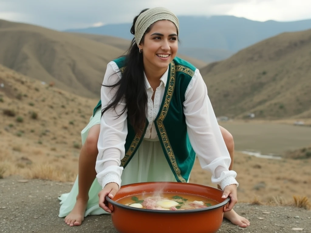 High resolution photo, hot Azeri woman, happy face, big nose, long black hair, skinny arms, curvy strong legs, headscarf, white transparent shirt with lace loose sleeves, over which is an open emerald velour vest with ethnic gold embroidery, transparent light green dress with a high slit, from under which you can see a black thick overgrown pubis and anus,

She looks reduced standing on all fours on a giant soup bowl filled with soup cooked on the basis of chicken meat and eggs

in the background are Azerbaijani landscapes