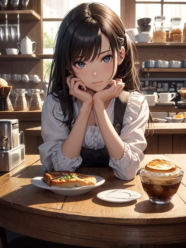 8k,  top quality, The real picture,  complex details, Very detailed,  super high resolution ,  depth field , ( realistic, realistic),  table top in front of you, ( Bust Up Shot ), ((( 1 girl))), (((I'm sitting at the counter at a cafe))), (((Resting one&#39;s chin on one&#39;s hand))), eye_Chan,  very beautiful , innocent big eyes,  beautiful breasts, 非常に詳細なeye, ( beautiful breasts), (( red hair)), ( braided one-tail with short semi-long hair sitting at the bar counter with a cheek cane), ( asymmetrical bangs),  perfect skin, Fair skin,  small breasts, Alone,  Staring at viewers, (smile), ((( long sleeve t-shirt)))