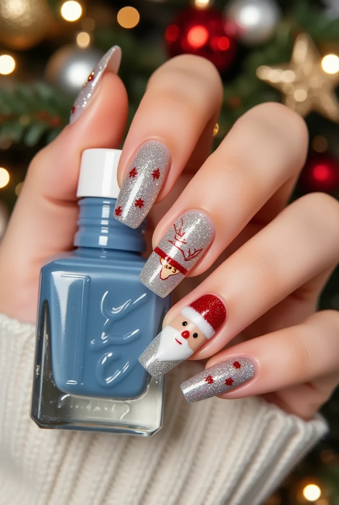 Close-up of a very good-looking hand holding a bottle of blue nail polish。(((nail design，Beautiful nails with Santa Claus head on them)))。